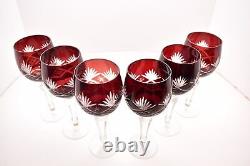 SET 6 BOHEMIAN CZECH CUT TO CLEAR CRYSTAL Wine Hocks Glasses Goblet RUBY RED VTG