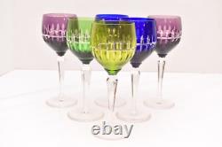 SET 6 BOHEMIAN CZECH CUT TO CLEAR Multi Color WINE HOCKS GOBLETS CRYSTAL GLASSES