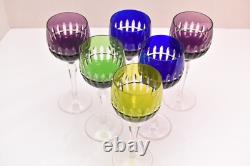 SET 6 BOHEMIAN CZECH CUT TO CLEAR Multi Color WINE HOCKS GOBLETS CRYSTAL GLASSES