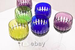 SET 6 BOHEMIAN CZECH CUT TO CLEAR Multi Color WINE HOCKS GOBLETS CRYSTAL GLASSES