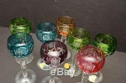 SET 8 MULTI COLORS BOHEMIAN CUT CLEAR CRYSTAL Cordial wine glasses goblets stem