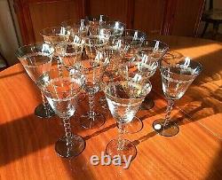 SET OF 14 ROMANIAN CHRYTAL WINE & WATER GLASSES IN BLUE/GREEN /YELLOWithWHITE TINT