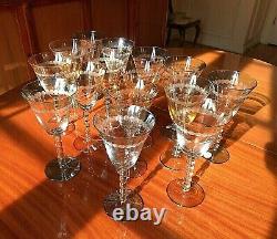 SET OF 14 ROMANIAN CHRYTAL WINE & WATER GLASSES IN BLUE/GREEN /YELLOWithWHITE TINT