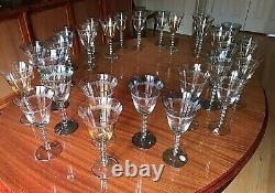 SET OF 14 ROMANIAN CHRYTAL WINE & WATER GLASSES IN BLUE/GREEN /YELLOWithWHITE TINT