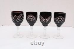 SET of 4 BLACK ONYX BOHEMIAN CZECH CUT TO CLEAR CRYSTAL Wine GLASSES Goblets