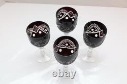SET of 4 BLACK ONYX BOHEMIAN CZECH CUT TO CLEAR CRYSTAL Wine GLASSES Goblets
