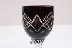 SET of 4 BLACK ONYX BOHEMIAN CZECH CUT TO CLEAR CRYSTAL Wine GLASSES Goblets
