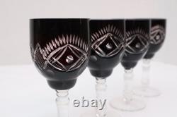 SET of 4 BLACK ONYX BOHEMIAN CZECH CUT TO CLEAR CRYSTAL Wine GLASSES Goblets