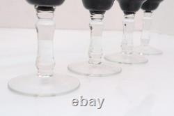 SET of 4 BLACK ONYX BOHEMIAN CZECH CUT TO CLEAR CRYSTAL Wine GLASSES Goblets