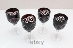 SET of 4 BLACK ONYX BOHEMIAN CZECH CUT TO CLEAR CRYSTAL Wine GLASSES Goblets