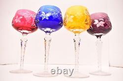 SET of 4 BOHEMIAN CZECH CUT TO CLEAR CRYSTAL WINE Glass GOBLET Hocks- MULTICOLOR