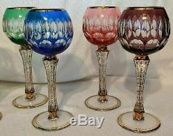 SET of 6 Bohemian MULTI COLOR Cut to Clear CRYSTAL Wine Goblets HOCKS with Gold