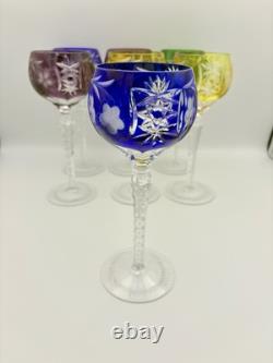 SET of 7 BOHEMIAN CZECH CUT TO CLEAR CRYSTAL Hock Wine Glasses Goblet 8.25 MCM