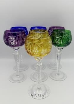 SET of 7 BOHEMIAN CZECH CUT TO CLEAR CRYSTAL Hock Wine Glasses Goblet 8.25 MCM