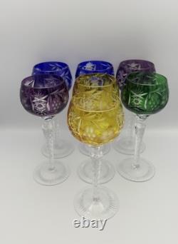 SET of 7 BOHEMIAN CZECH CUT TO CLEAR CRYSTAL Hock Wine Glasses Goblet 8.25 MCM