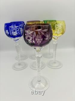 SET of 7 BOHEMIAN CZECH CUT TO CLEAR CRYSTAL Hock Wine Glasses Goblet 8.25 MCM