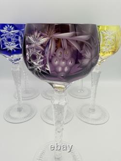 SET of 7 BOHEMIAN CZECH CUT TO CLEAR CRYSTAL Hock Wine Glasses Goblet 8.25 MCM
