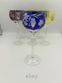 SET of 7 BOHEMIAN CZECH CUT TO CLEAR CRYSTAL Hock Wine Glasses Goblet 8.25 MCM