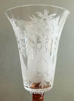 STEUBEN Signed Crystal Glass Wine or Water Goblet Van Dyke Etched Twist Stem