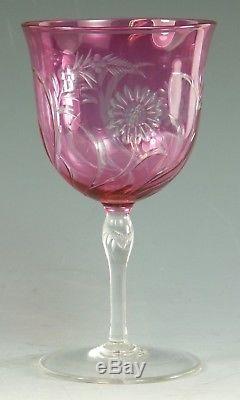 STEVENS & WILLIAMS Crystal Antique Cranberry Art Nouveau Floral Cut Wine Glass