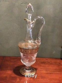 Saint Louis Crystal Handled Wine Decanter Thistle 24 KT Open Band MINT