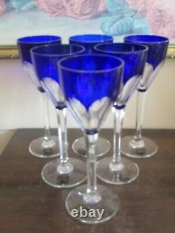 Saint Louis France Bristol Blue Cut To Clear Crystal Set Of 6 Wine Glasses
