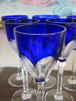 Saint Louis France Bristol Blue Cut To Clear Crystal Set Of 6 Wine Glasses