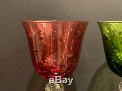 Saint St Louis Crystal Bubbles Pattern Green and Red Hock Wine Glasses Set of 2