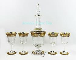 Saint St. Louis For Hermes Set Wine Decanter & 4 Glasses 24k Gold Thistle New