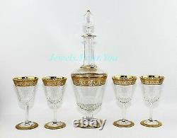 Saint St. Louis For Hermes Set Wine Decanter & 4 Glasses 24k Gold Thistle New