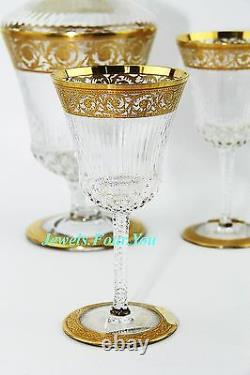 Saint St. Louis For Hermes Set Wine Decanter & 4 Glasses 24k Gold Thistle New