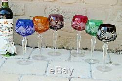 Serie of 6 Crystal Val saint lambert coloured Glass Wine champagne Roemers