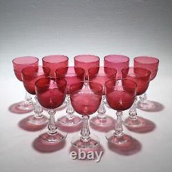 Set 12 Antique Cranberry Red Crystal Engraved Cordial Wine Glasses English GL