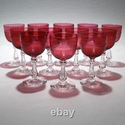 Set 12 Antique Cranberry Red Crystal Engraved Cordial Wine Glasses English GL