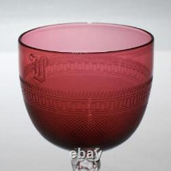 Set 12 Antique Cranberry Red Crystal Engraved Cordial Wine Glasses English GL