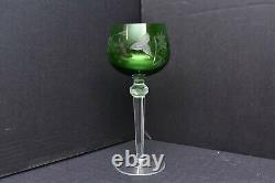 Set 2 Bohemian Czech Cut To Clear Crystal Wine Hocks Goblet Glasses Green Pair