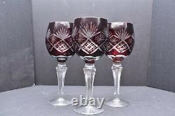 Set 3 Bohemian Czech Cut To Clear Crystal Wine Hocks Goblet Glasses Ruby Red
