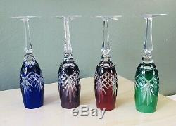 Set 4 AJKA Colored Cut Leaded Crystal Wine/Champagne Glasses Stickers Hungary