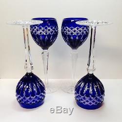 Set 4 Ajka Cadessia Cobalt Blue Cased Cut To Clear Crystal Wine Glass Hocks