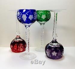 Set 4 Ajka Marsala Red Blue Green Purple Cut To Clear Crystal Wine Glasses
