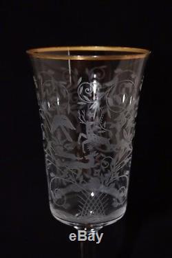 Set 4 BACCARAT Crystal Leila etched deer birds Large Wine Goblet Glass 8 1/4