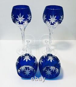 Set 4 Star Of Midnight Cobalt Blue Cut To Clear Crystal Wine Glasses