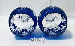 Set 4 Star Of Midnight Cobalt Blue Cut To Clear Crystal Wine Glasses