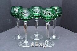 Set 5 Bohemian Czech Cut To Clear Crystal Wine Hocks Goblet Stem Glasses Green