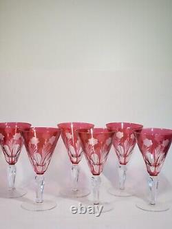 Set 6 Antique Bohemian Moser Cranberry Cut Glass Wine Stems Fine Quality