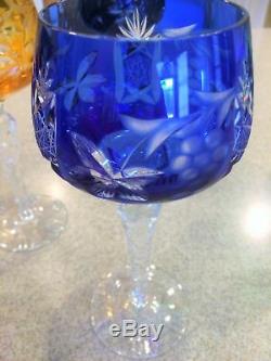 Set 6 Bohemian Cut To Clear Glass Crystal Goblets Colorful Wine Goblets