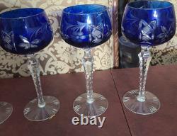 Set 6 Lausitzer LA15 Cut to Clear Crystal Hock Wine Glasses Cobalt- Pink Germany