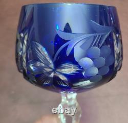 Set 6 Lausitzer LA15 Cut to Clear Crystal Hock Wine Glasses Cobalt- Pink Germany