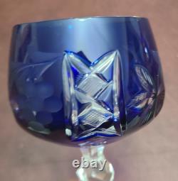 Set 6 Lausitzer LA15 Cut to Clear Crystal Hock Wine Glasses Cobalt- Pink Germany