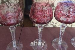 Set 6 Lausitzer LA15 Cut to Clear Crystal Hock Wine Glasses Cobalt- Pink Germany